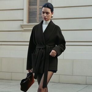 NWT COMMENSE Belted Wrap Coat Size XL Black Color Shawl Collar Minimal